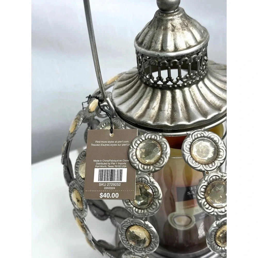 Vintage Silver Metal Beaded Candle Holder Lantern PATIO Decor